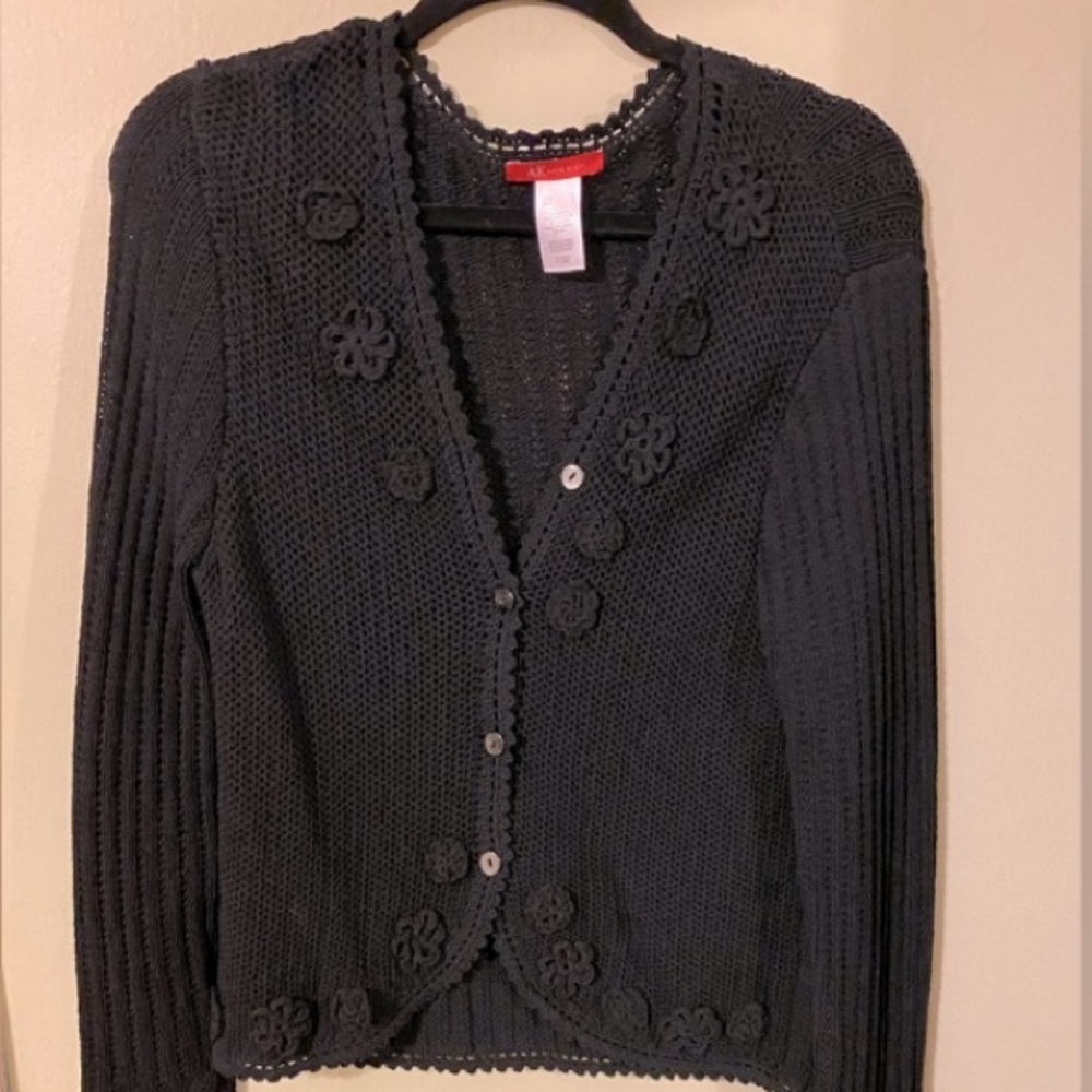 Anne Klein large Black Women's Crochet Knit Cardigan Long Sleeves